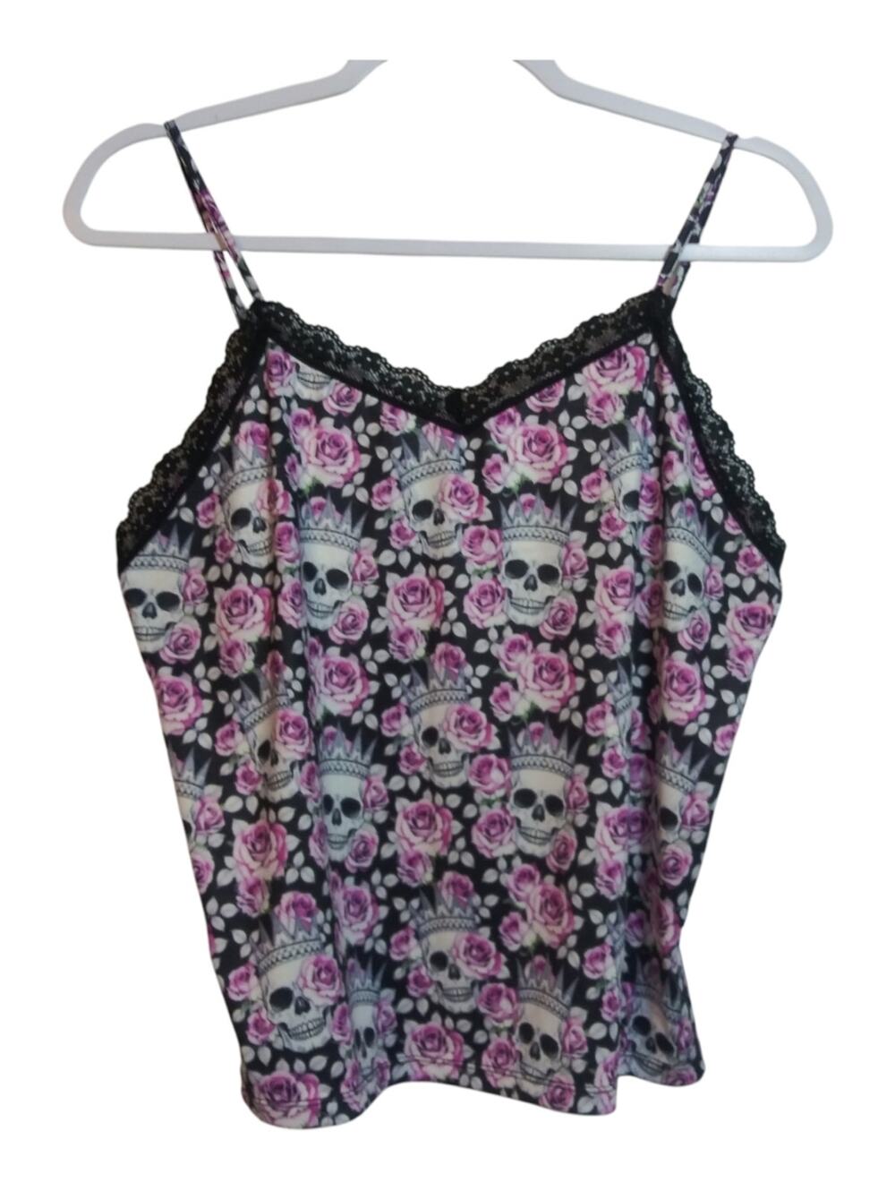 Black & Pink Skull Rose Lace-Trim Cami Top Size XL